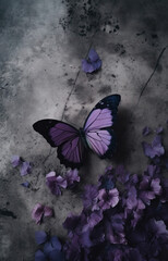 purple butterfly with purple flowers on a old concrete wall. freedom and overcoming. 