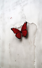 red butterfly on a old white concrete wall. 