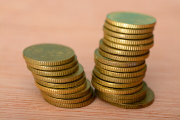 Stack of coins close-up, macro shot.