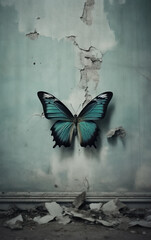 teal butterfly on a light colored old concrete wall. transformation.