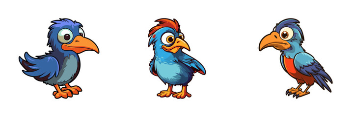 Cartoon blue bird set. Vector illustration.