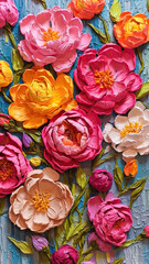 Colorful Floral Painting of Peonies or Roses flowers