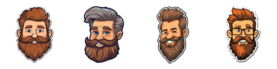 Set of cartoon bearded man stickers. Vector illustration.