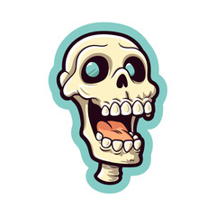 Crazy cartoon human skull sticker. Vector illustration.