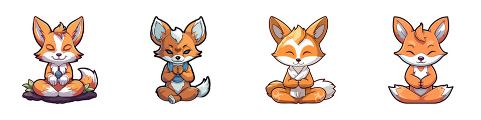 Cartoon fox meditating. Vector illustration.