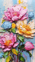 Colorful Floral Painting of Peonies or Roses flowers