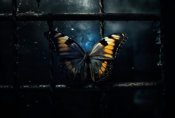 black and yellow butterfly. prison bars. freedom concept.