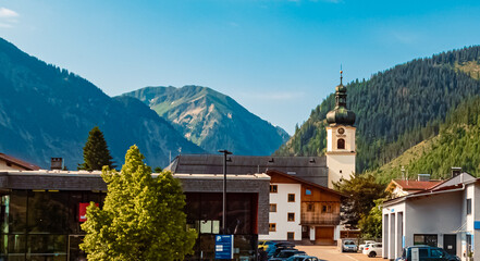 Alpine summer view with a church near Tannheim, Tannheimer Tal valley, Reutte, Tyrol, Austria