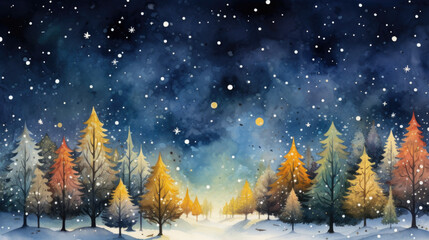 Holiday watercolor illustration of magical forest. Snowy landscape with lights. Winter season concept for postcard. Artistic nature setting, elegant design.