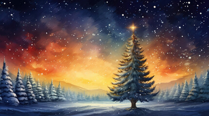 Holiday watercolor illustration of magical Christmas tree with forest. Snowy landscape with lights. Winter season concept for postcard. Artistic nature setting, elegant design.