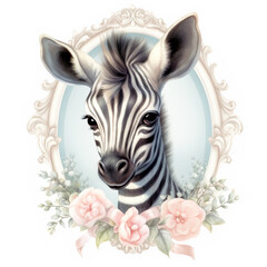 Fototapeta na wymiar An endearing image captures the delightful charm of a baby zebra portrait framed with pastel and floral motifs, creating a unique blend of wild innocence and floral beauty. (AR 1:1)