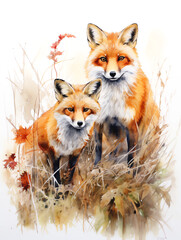 Watercolor Paint of a couple foxes, isolated in white background