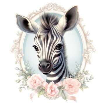 An endearing image captures the delightful charm of a baby zebra portrait framed with pastel and floral motifs, creating a unique blend of wild innocence and floral beauty. (AR 1:1)