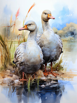Watercolor Paint of a couple geese in lake scene