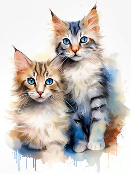 Watercolor Paint of a couple cats, isolated in white background