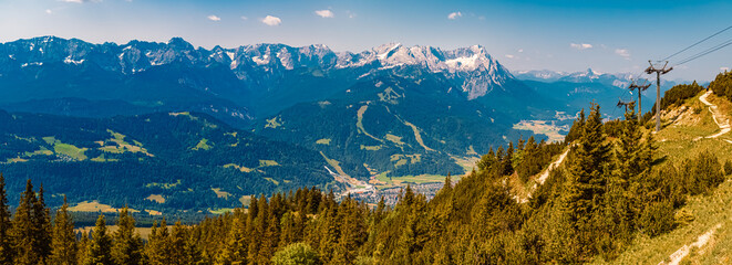 High resolution stitched alpine summer panorama with the olympic ski jump facilities seen from...