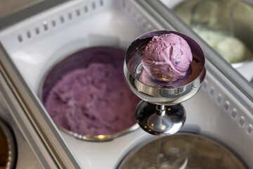 Delicious ice cream in a confectionery shop. Close-up