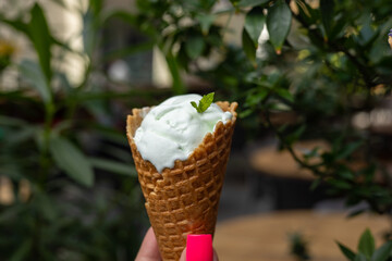 Delicious ice cream in a confectionery shop. Close-up