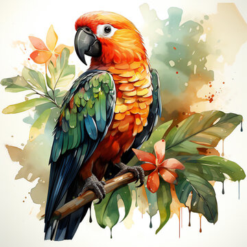 parrot illustration with flowers, generative ai