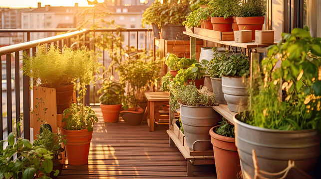 City garden on sustainable balcony with rosemary, basil, mint, cherry tomatoes and other easy-to-grow vegetables on sunset cityscape background.  Vegetable garden on terrace