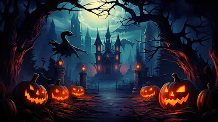 Halloween night background with scary haunted castle, Bright color. Generative Ai