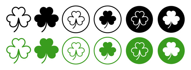 Green Shamrock leave icon set in black and green color. lucky irish shamrock vector symbol. good luck leaf sign set.