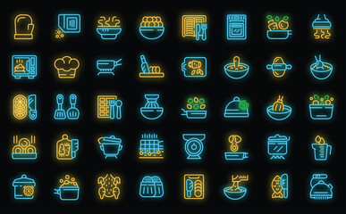 Preparation food icons set outline vector. Cook prepare. Table bake neon color on black