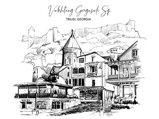 Vakhtang Gorgasali Square and view of Narikala Fortress, Historic city center, Tbilisi, Georgia. Black Line drawing isolated on white background. EPS10 vector illustration