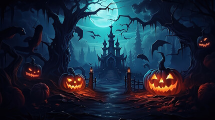 Fototapeta premium Haunted house with ghosts and cemetery. Generative Ai