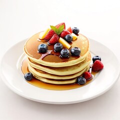stack of pancakes with syrup and berries