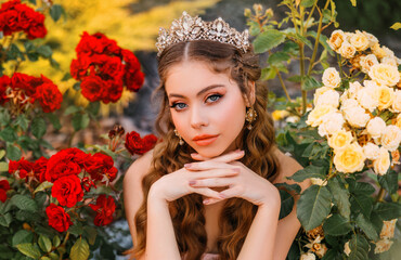 Fantasy girl princess beautiful face, delicate make-up, a crown of jewels on head, long hair. Happy...
