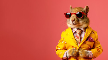 Cool looking squirrel wearing funky fashion dress - jacket, tie, glasses. Wide banner with space for text at side. Stylish animal posing as supermodel. Generative AI - obrazy, fototapety, plakaty
