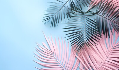 Palm leaves in pastel colors, pink and blue summer vacation inspired background.