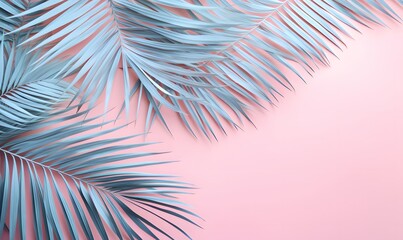 Fototapeta na wymiar Palm leaves in unusual cold blue color on a pastel pink background. Creative aesthetic tropical summer layout. 