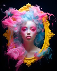 Creative portrait of young girl with colorful hair, neutral pastel smoky beauty. 