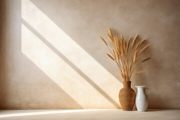 Golden Morning Light: Beige Wall Mockup with Pampas Flourish, Generative AI