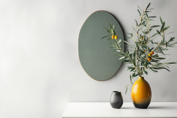 Botanical Elegance: Green Oval Canvas with Sea Buckthorn Accent, Generative AI