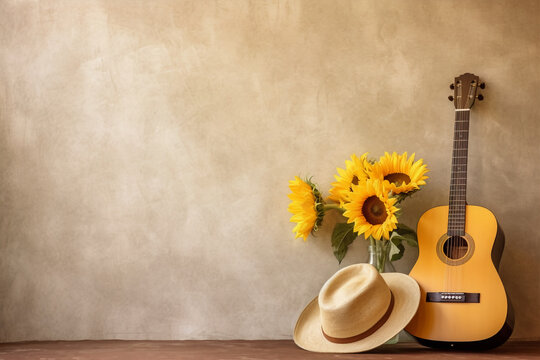 Summer Serenade: Sunflowers, Sun Hat, and Guitar Against Beige Wall, Generative AI