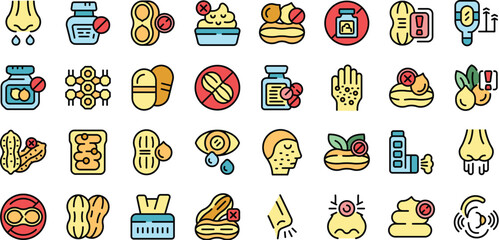 Allergy to peanuts icons set outline vector. Medical food. Nuts test thin line color flat on white