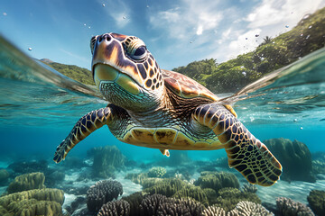 Fototapeta na wymiar photo of a turtle in the tropical ocean 