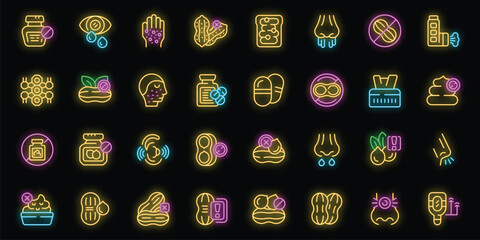Allergy to peanuts icons set outline vector. Medical food. Nuts test neon color on black