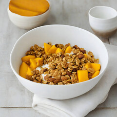 Delicious healthy bowl of cereal with yogurt and mango fruit