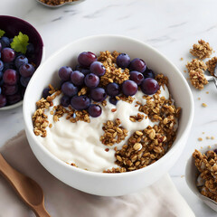 Delicious healthy bowl of cereal with yogurt and grapes