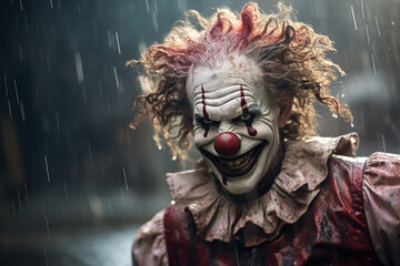 Creepy laughing wet clown, scary horrible adult angry smiling man in jester costume in rain outdoors