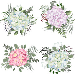 Vector floral arrangement on white background with gold elements and glitter. Blue, white and pink hydrangea, eucalyptus, gypsophila, green leaves and branches. Vector illustration