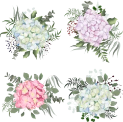 Behang Vector floral arrangement on white background with gold elements and glitter. Blue, white and pink hydrangea, eucalyptus, gypsophila, green leaves and branches. Vector illustration © Alena