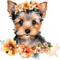 Cute little dog, puppy, with flowers, floral bouquet, wreath pet watercolor animal portrait