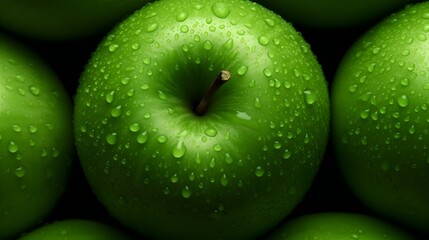 green apple with drops of water on a black background