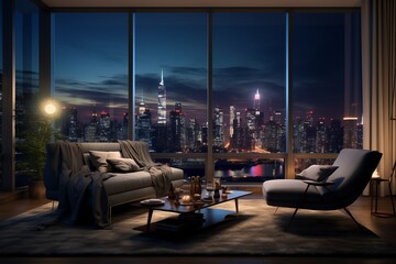 Modern Living room night city view out of glass windows