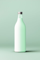 Product mockup, simple korean traditional rice wine bottle, empty place for design branding or logo placement, isolated on flat pastel green background. 3d render illustration style.